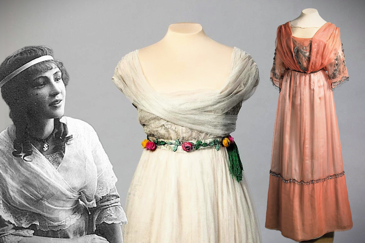 Актриса Вера Дженеева в 1916 году и платья из ее коллекции, ныне хранящиеся в Эрмитаже  