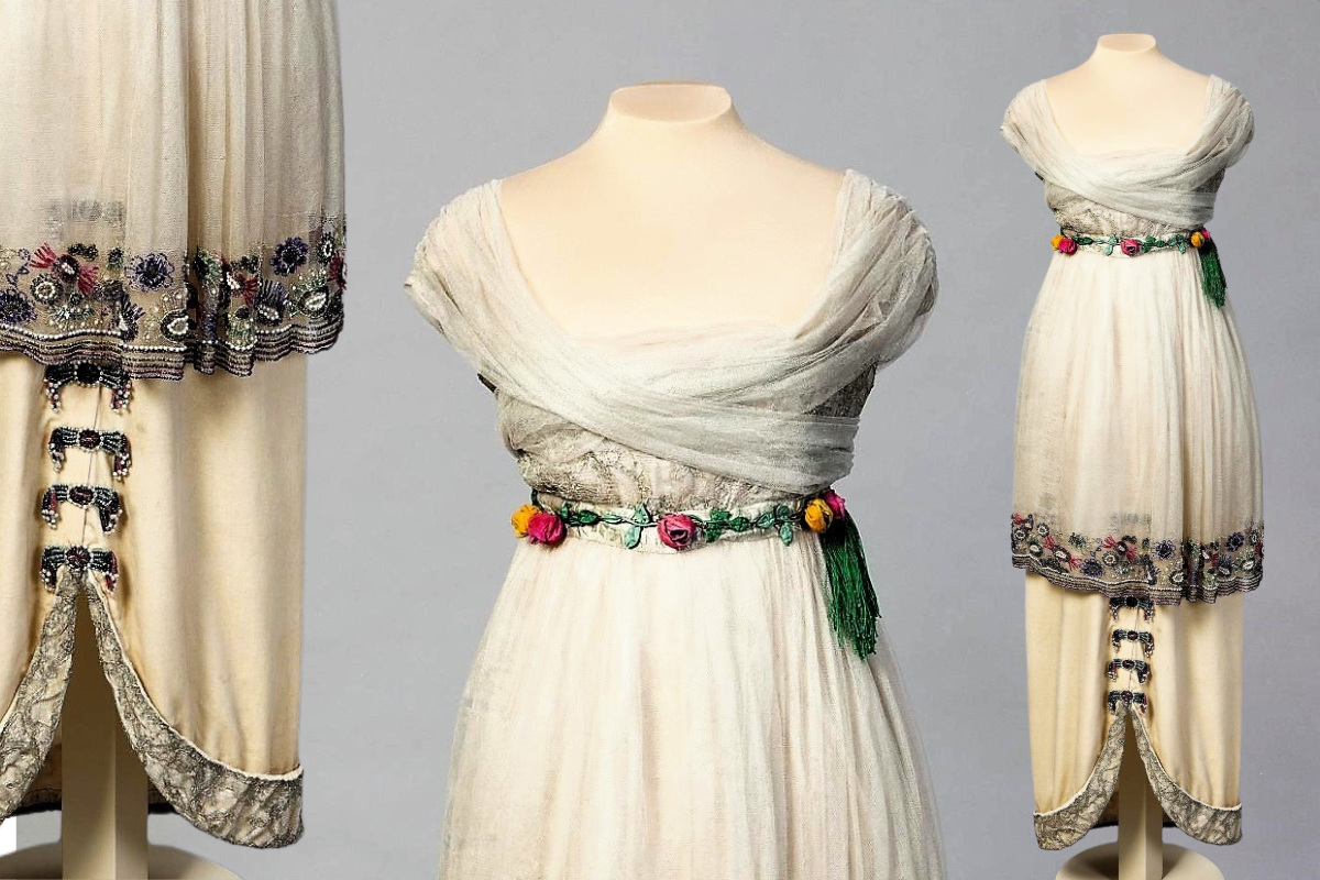 Вечернее платье с большим декольте. Бархат, тюль, серебряное кружево, галун, шелковая и металлическая нити, полихромный стеклярус, бисер, искусственный жемчуг, цветы из шелка. Модный дом Поля Пуаре, Париж, 1913 г. © Коллекция В. Карахан, Эрмитаж