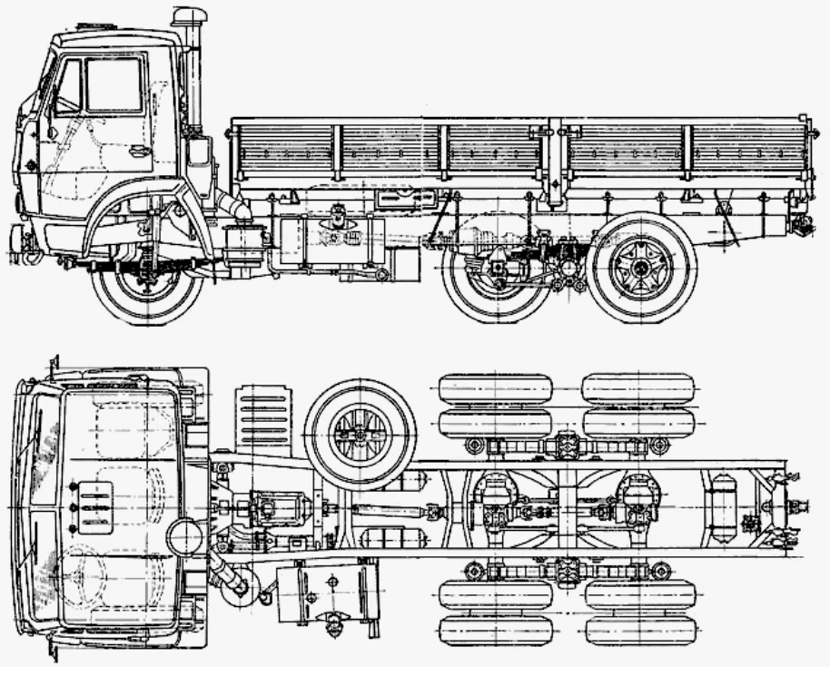 Компоновка КамАЗ-5320. Источник: https://getoutlines.com/blueprints/14232/1976-kamaz-5320-heavy-truck-blueprints?id=0&page=1&search=&section=administrator&status=0&order=0&period=0&author=0&contact=0&category_id=0&filter%5Bcategory_id%5D=0&filter%5Bmake_id%5D=0&filter%5Bset_id%5D=0&make_id=0&report_id=0&update_count=0&prm1=0&prm2=0&prm3=0&days=0&want_pay=0