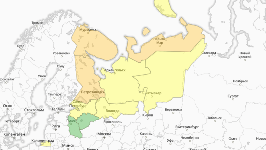    Прогностическая карта предупреждений для СЗФО Автор фото: meteoinfo.ru