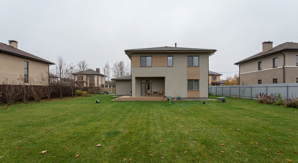 Большой участок в коттеджном посёлке Подмосковья. Газон доминирует, крупного центра нет