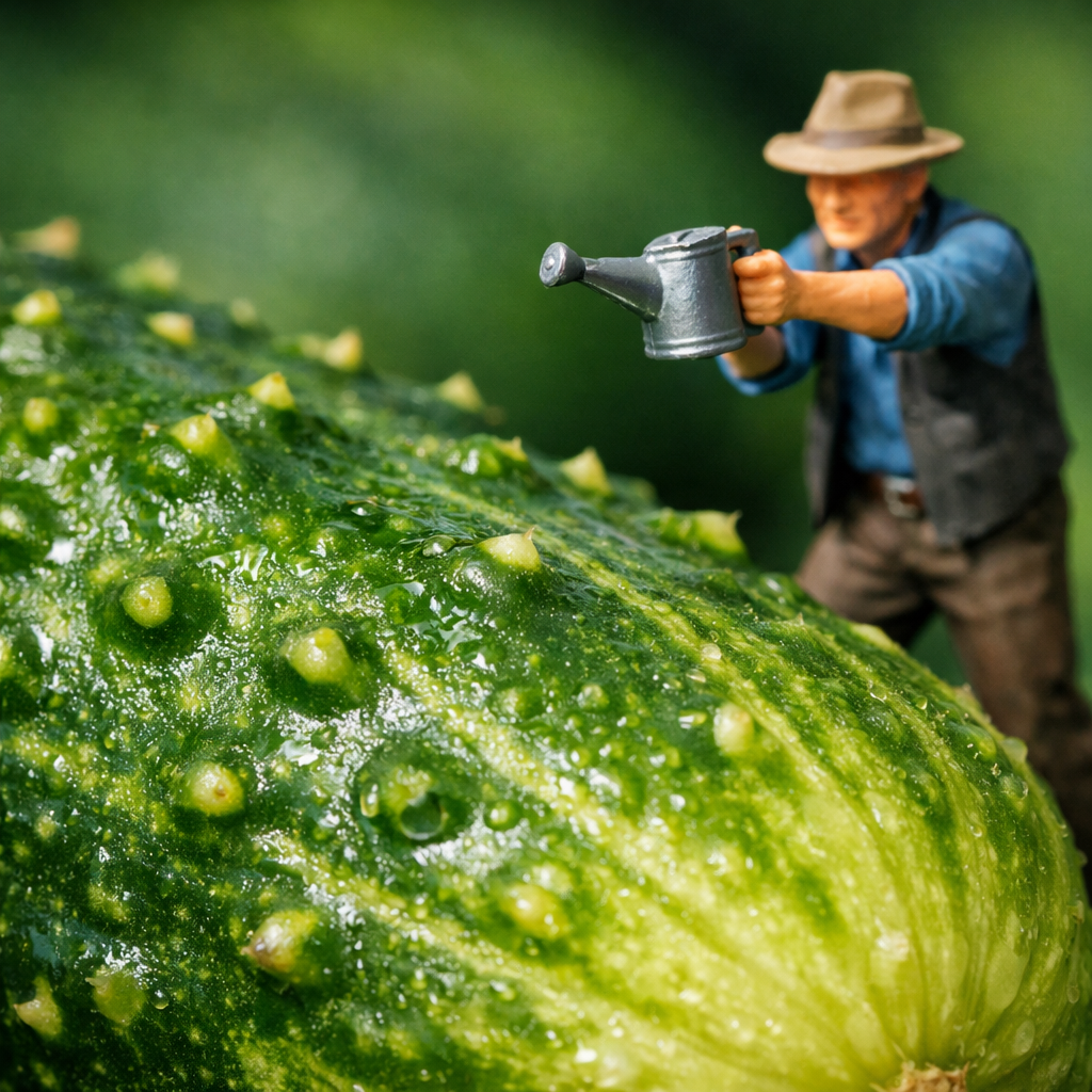  Крупный план огурца, на фоне которого стоит фигурка человека в шляпе с лейкой, как с пистолетом