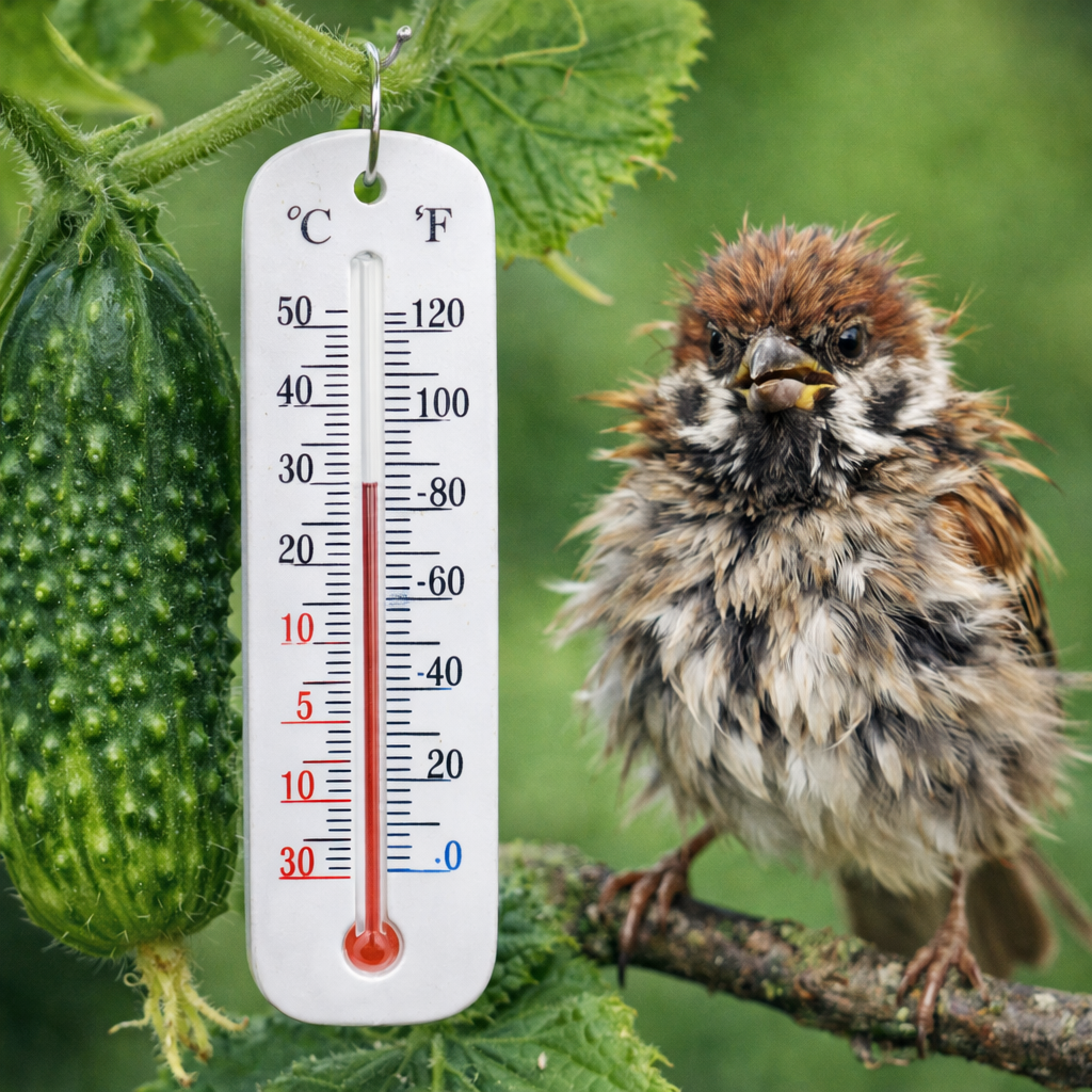  Термометр, висящий на ветке огурца, и взъерошенный воробей рядом