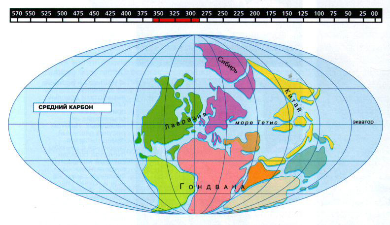 Расположение континентов в среднем карбоне, около 320 млн лет назад.