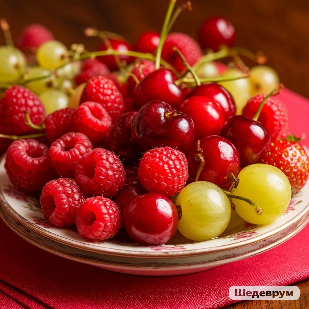 Шедеврум помог визуализировать мою память - фрукты из сада, которого уже нет, фрукты, из которых я делала варенье-ассорти. Этот сад до сих пор мне снится: кусты колючего крыжовника, богатый малинник, высокие деревья черешни, вишня, клубника, красная и чёрная смородина, и несколько сортов яблок... А ещё флоксы, но про них я напишу в другой главе своего романа.