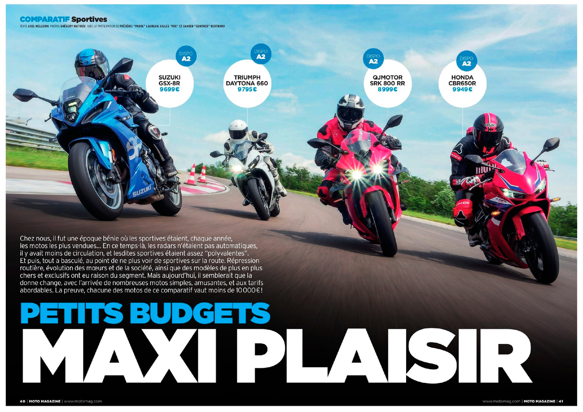 Вспомним золотой век, когда спортивные мотоциклы год за годом были самыми продаваемыми… Тогда камеры контроля скорости не были автоматическими, движение было менее интенсивным, и эти спортивные мотоциклы были довольно универсальными. Затем все изменилось, и спортивные мотоциклы стали практически незаметны на дорогах. Контроль за соблюдением правил дорожного движения, меняющиеся социальные нормы и все более дорогие и эксклюзивные модели положили конец этому сегменту. Но сегодня, похоже, ситуация меняется, и появляется множество простых, интересных и доступных мотоциклов. Доказательством этого является то, что каждый из мотоциклов в этом сравнении стоит менее 10 000 евро!