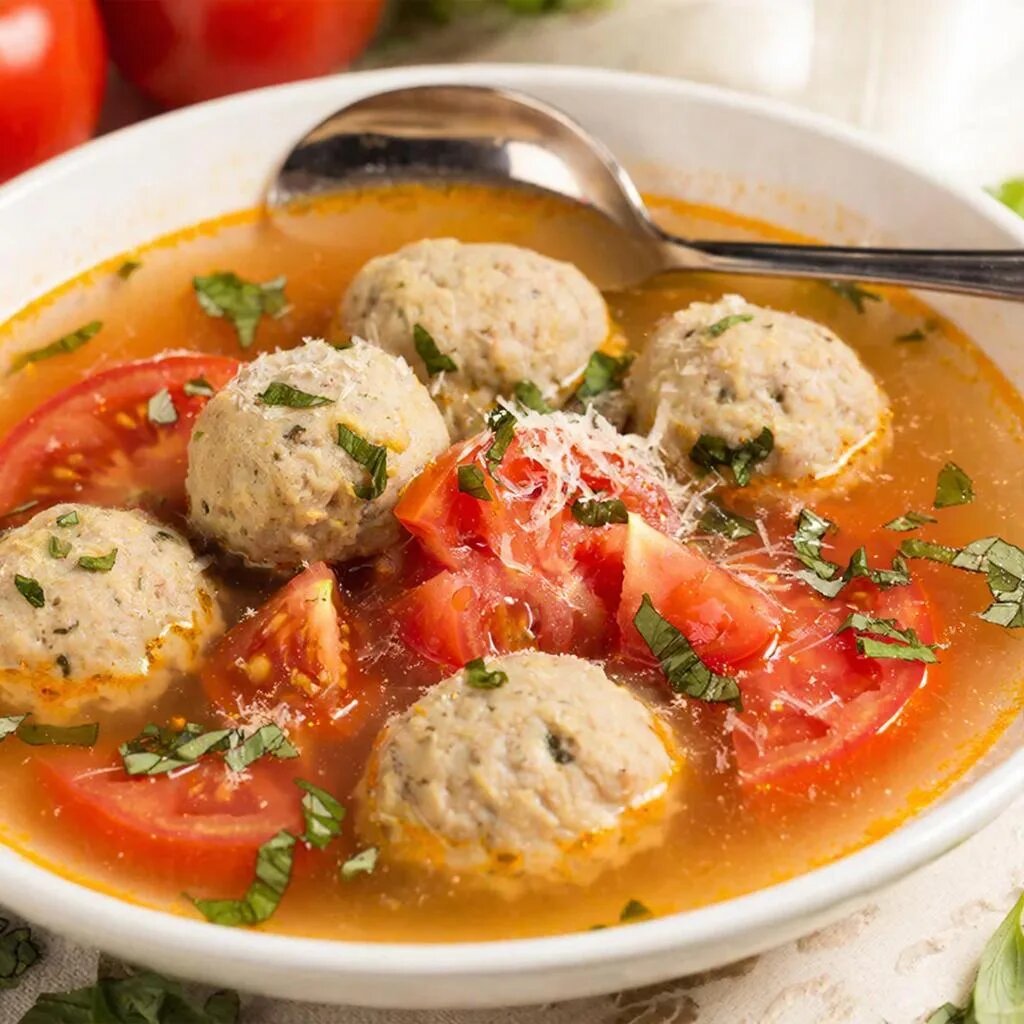 Рецепт «Суп с фрикадельками и помидорами»: Итальянское солнце в вашей тарелке.