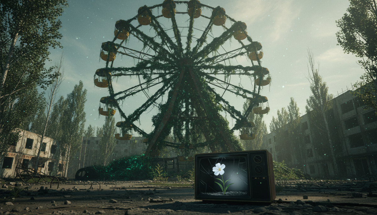 Заросшее колесо обозрения в Припяти и природа, поглощающая советскую технику.