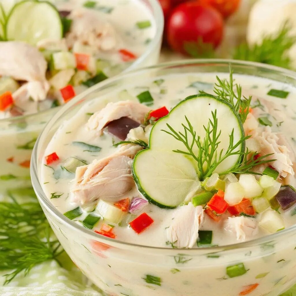 Рецепт ПП-окрошка с куриной грудкой: идеальный холодный суп для здоровья и фигуры.