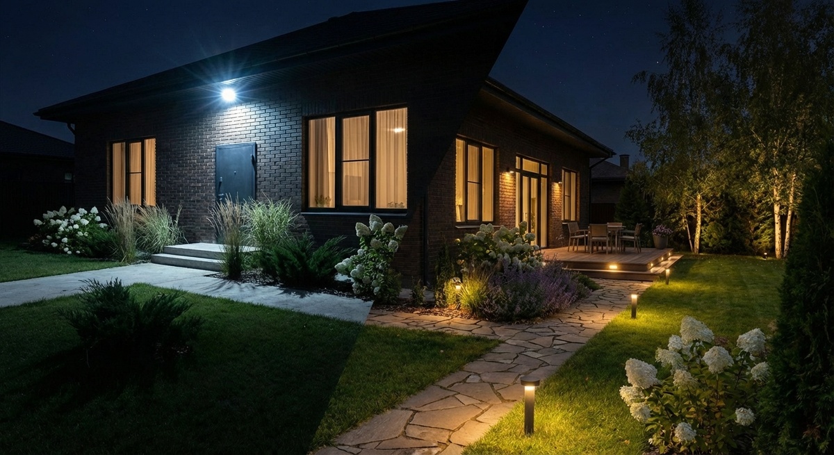 Один источник света создаёт яркое пятно у фасада, но оставляет двор плоским и тёмным по краям