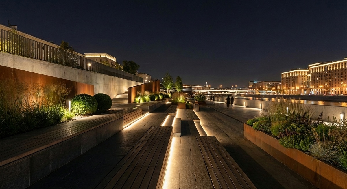 Свет распределён по уровням - маршруты читаются, объём сохраняется даже ночью