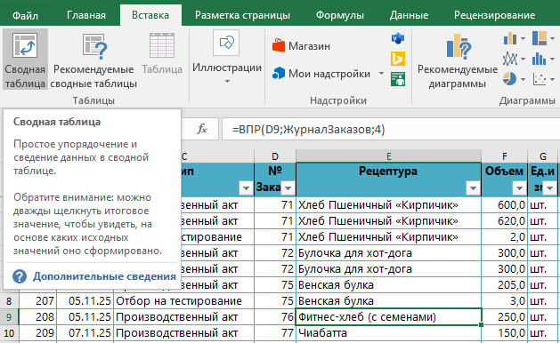 Вставка сводной таблицы