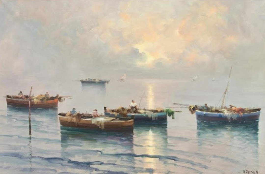 Средиземное море с рыбацкими лодками, около 1920 г.