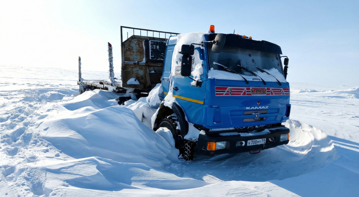 Этот КамАЗ ещё вчера возил грузы по зимнику. Сегодня он просто цветной знак “СТОП” посреди белой пустыни