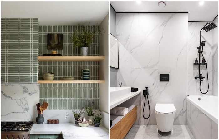 Крупную плитку можно использовать и на кухне и в ванной