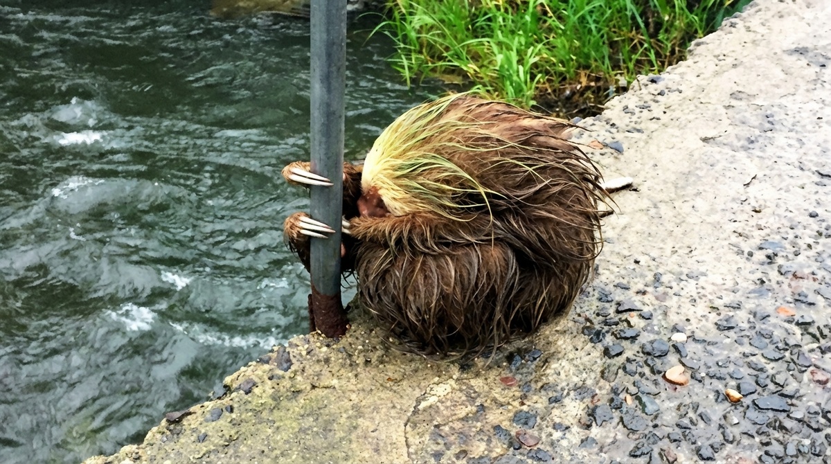 Испуганный ленивец во время урагана в Коста-Рике