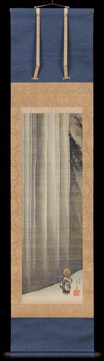 Хокусай: Ли Бай любуется водопадом, 1849 Висячий свиток, выполненный тушью и красками на шелке.