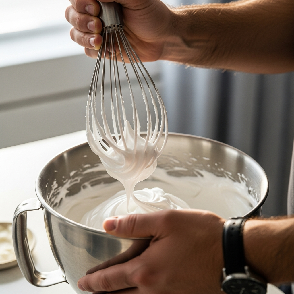 Пышная, стабильная меренга, достигшая жестких пиков, готовая к смешиванию.