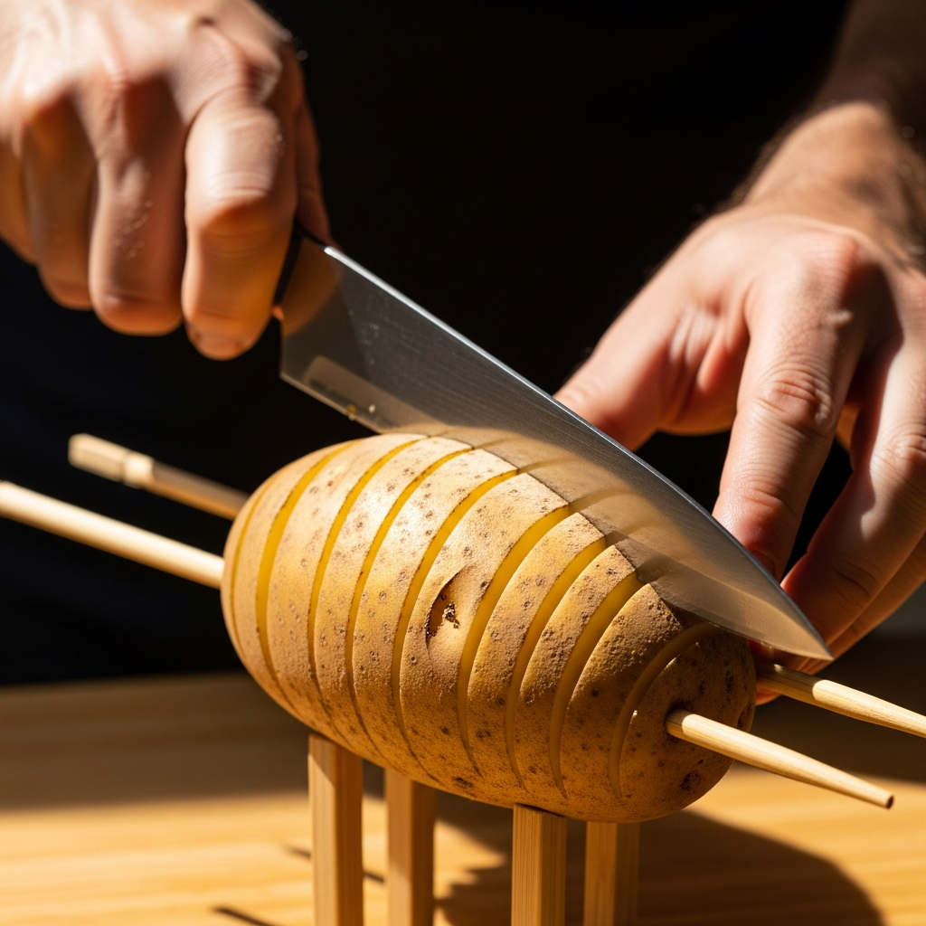 Картофель надрезан почти до основания, чтобы сохранить его форму в процессе запекания.