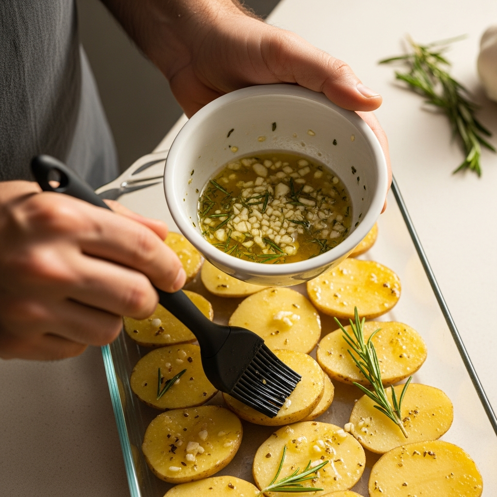 Картофель промазывается ароматной смесью сливочного масла, чеснока и специй.