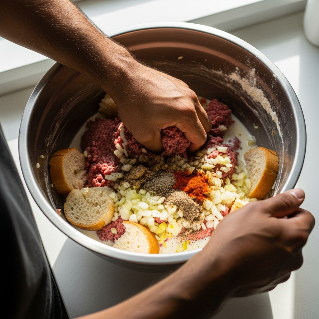 Фарш должен быть хорошо вымешан и не липнуть к рукам, чтобы рулет не развалился при нарезке.