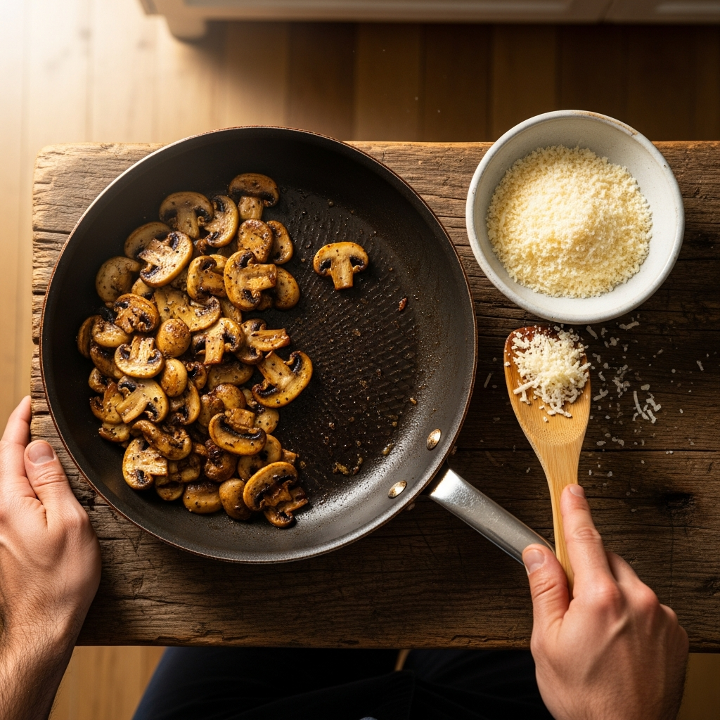 Грибы обжариваются до золотистого цвета. Если хотите, можно добавить немного свежей зелени в начинку.