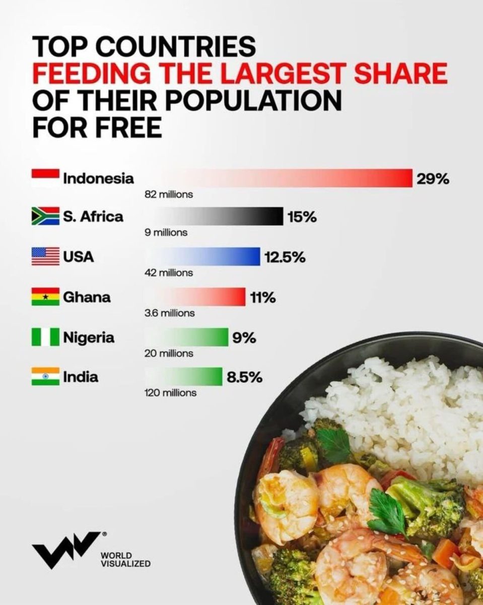    Страны, обеспечивающие наибольшую долю населения бесплатным питанием / © World Visualized