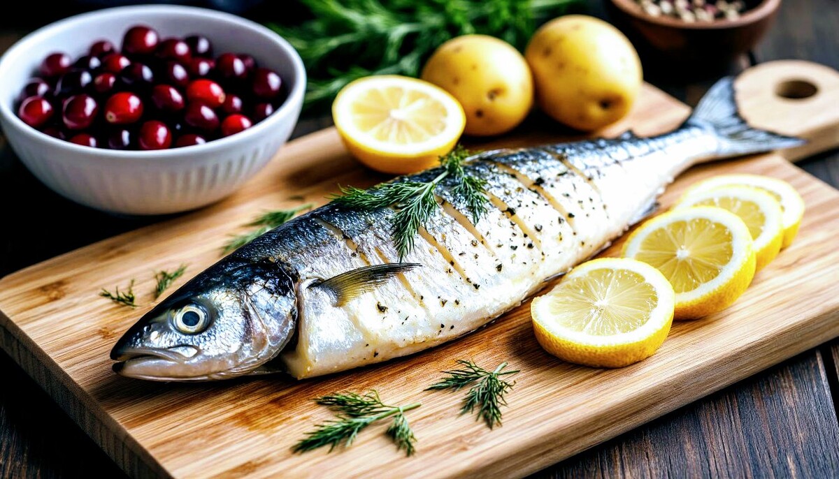 Бюджетный ужин по-средиземноморски: запеченная скумбрия с картофелем и клюквой. Источник Алиса AI