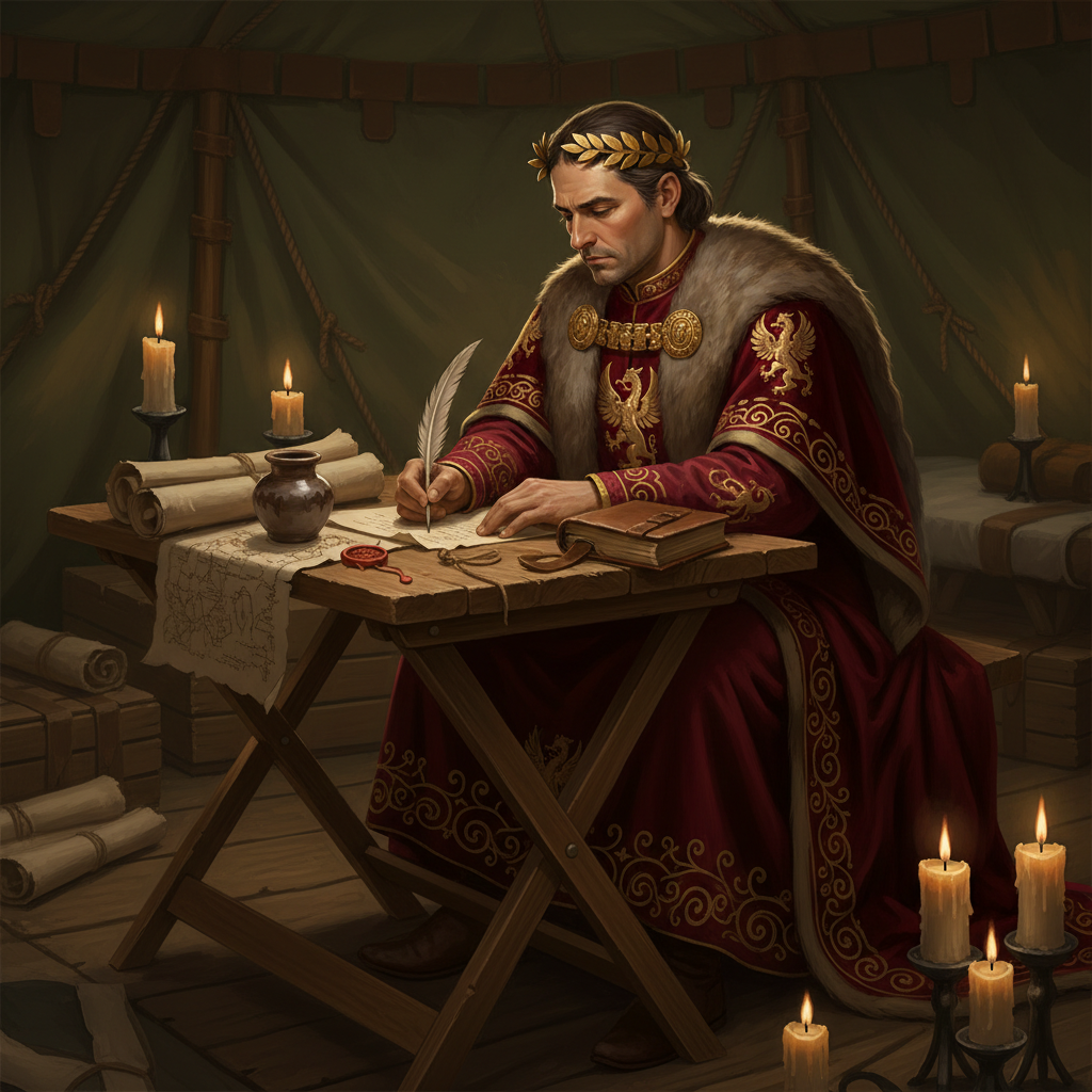 Император пишет походные заметки.