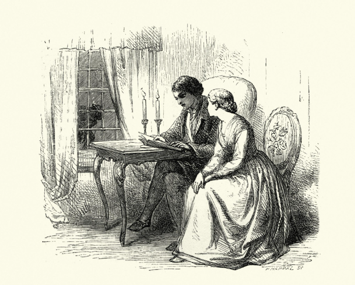 Молодая викторианская пара читает при свечах, 1855 год