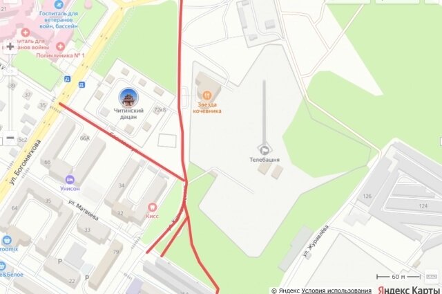    Перекрытие дорог в Чите 16 февраля Фото: Скриншот сайта maps.yandex.ru