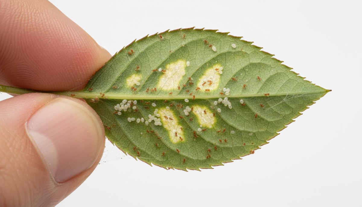 Нижняя сторона листа розы с паутинным клещом под увеличением — видны клещи, яйца и паутина