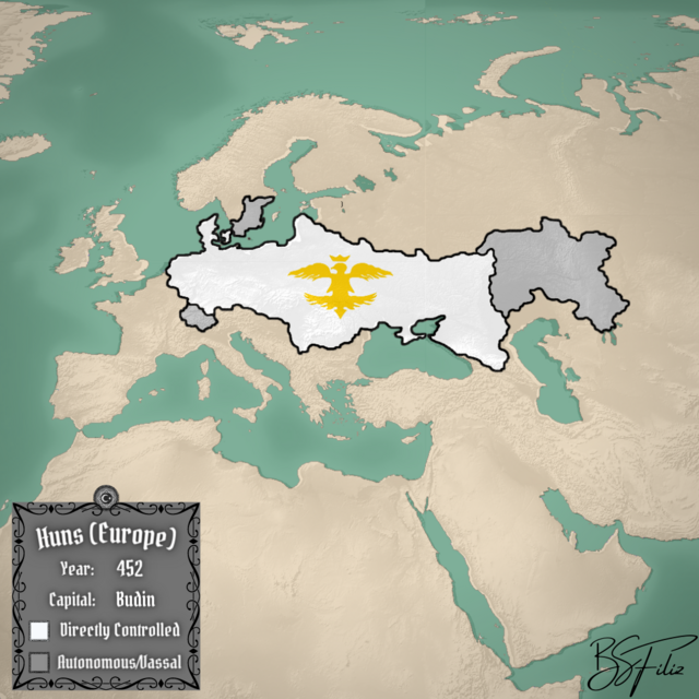 Европейская империя гуннов в 452 году н.э. Фото из свободных источников в Интернете.