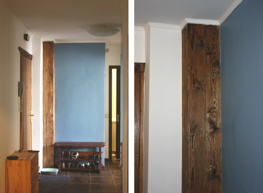 Вот этот деревянный короб слева от обувницы - короб для ливневки