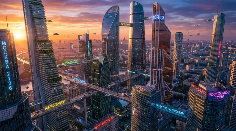 Москва будущего 2126 год — вид с высоты, летающие машины и небоскрёбы, нейросеть Genova AI