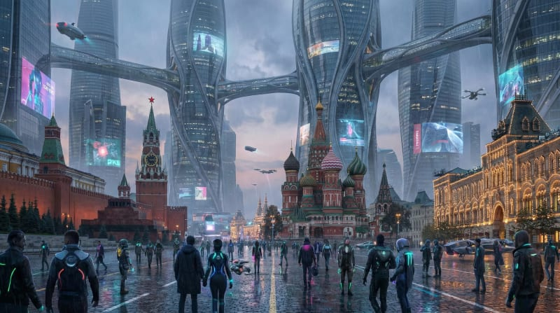 Красная площадь будущего — футуристический Кремль с голографическими экранами, генерация нейросетью