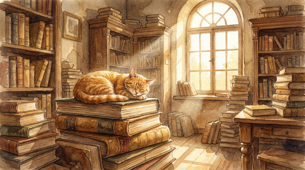 Рыжий кот на книгах в библиотеке акварельный стиль — результат детального промпта в Genova AI