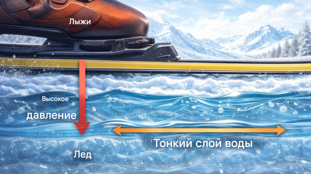 Схема не самая удачная, поскольку жидкая фаза появляется почти под лыжой. Здесь же создаётся впечатление, что снега между лыжиной и прослойкой довольно много