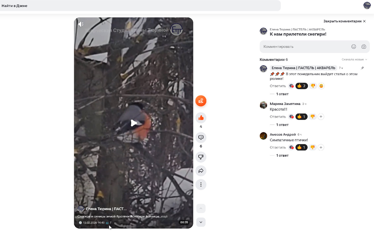 Скрин страницы канала Дзен: "Елена Тюрина | ПАСТЕЛЬ | АКВАРЕЛЬ". 15.02.2026