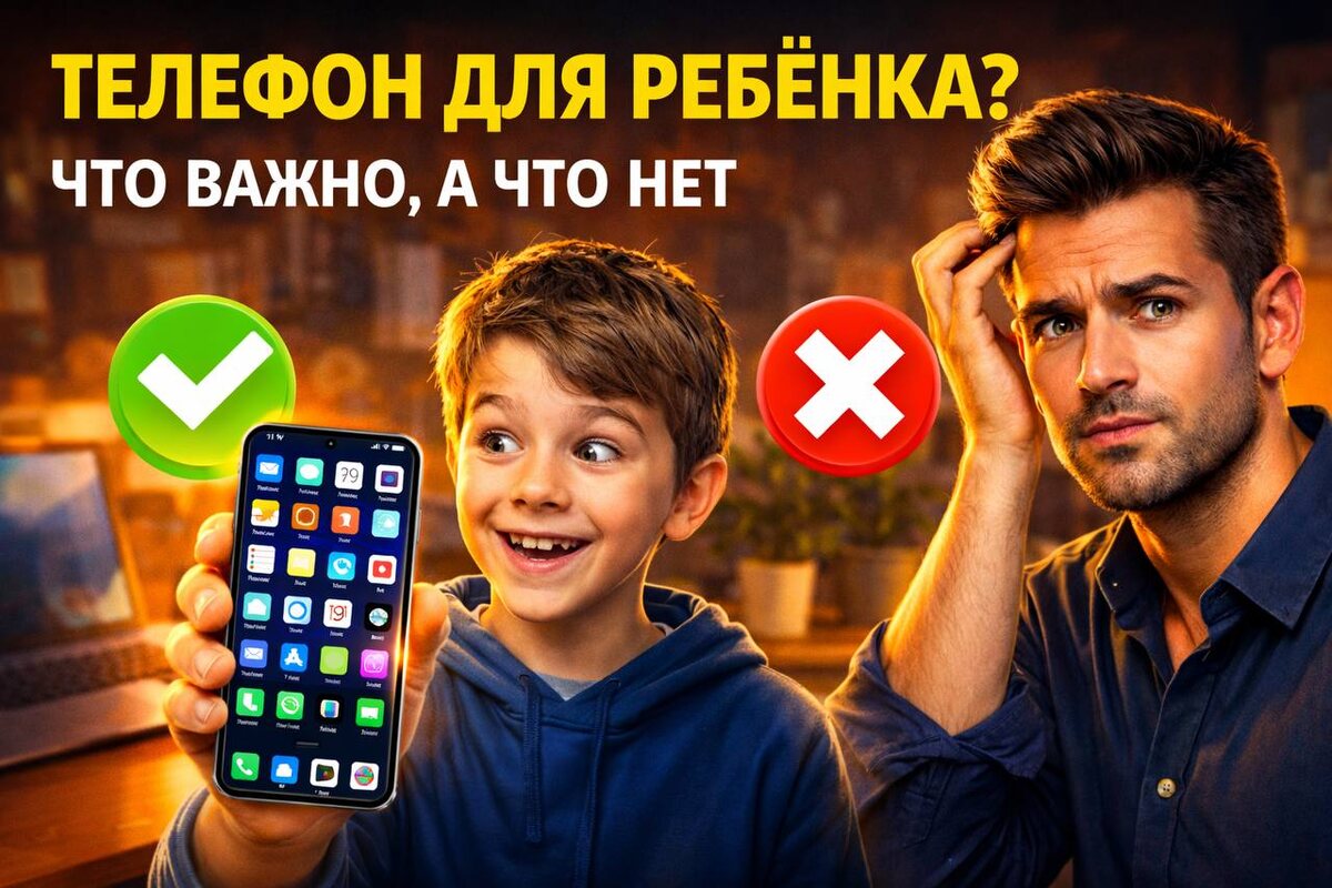 Телефон для ребёнка: что важно? Иллюстрация с советами по родительскому контролю, защите IP68, батарее и GPS-трекеру. Выберите безопасный гаджет 2026.