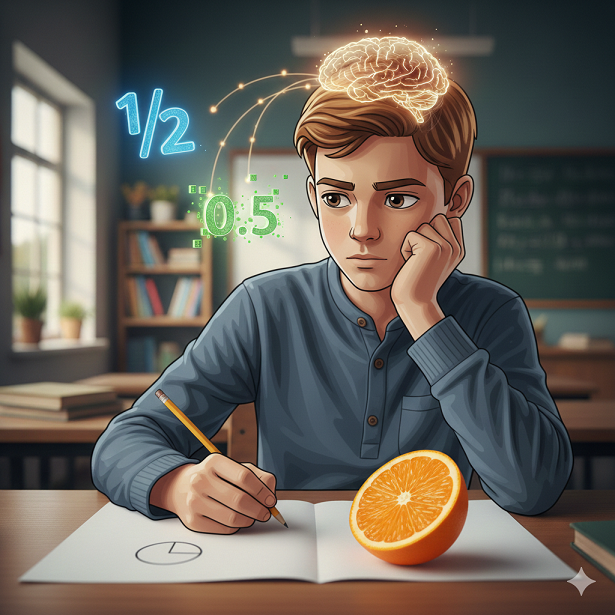 Иллюстрация дроби в 5 классе половина апельсина - обыкновенные и десятичные дроби. ИИ