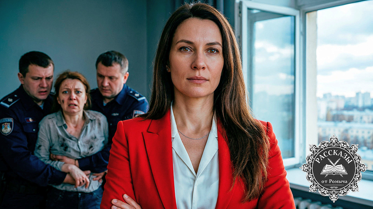 Женщина в красном пиджаке со спокойным выражением лица на фоне задержания в современной квартире