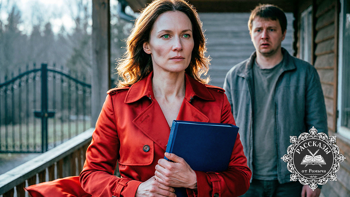 Рыжеволосая женщина в красном плаще торжествующе стоит на веранде загородного дома, защитив наследство сына от нечестных родственников