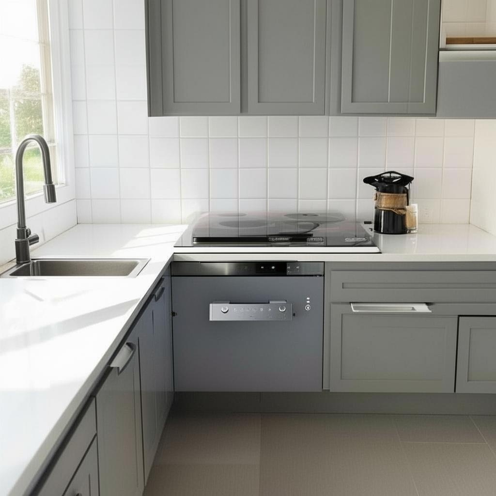 фото маленькой эргономичной кухни с выдвижными ящиками и интегрированной посудомоечной машиной.