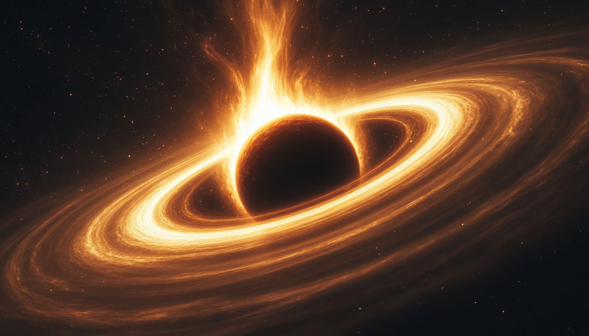 Черная дыра с аккреционным диском – раскаленный газ кружится вокруг темного центра. Версия ИИ.