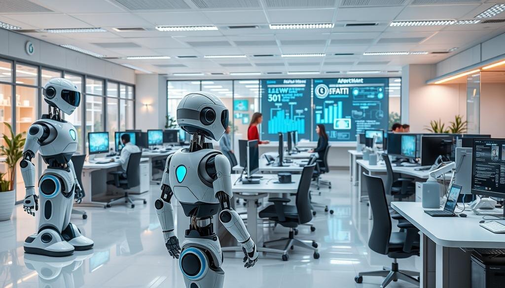    Изображение, depicting futuristic workplaces with AI technology