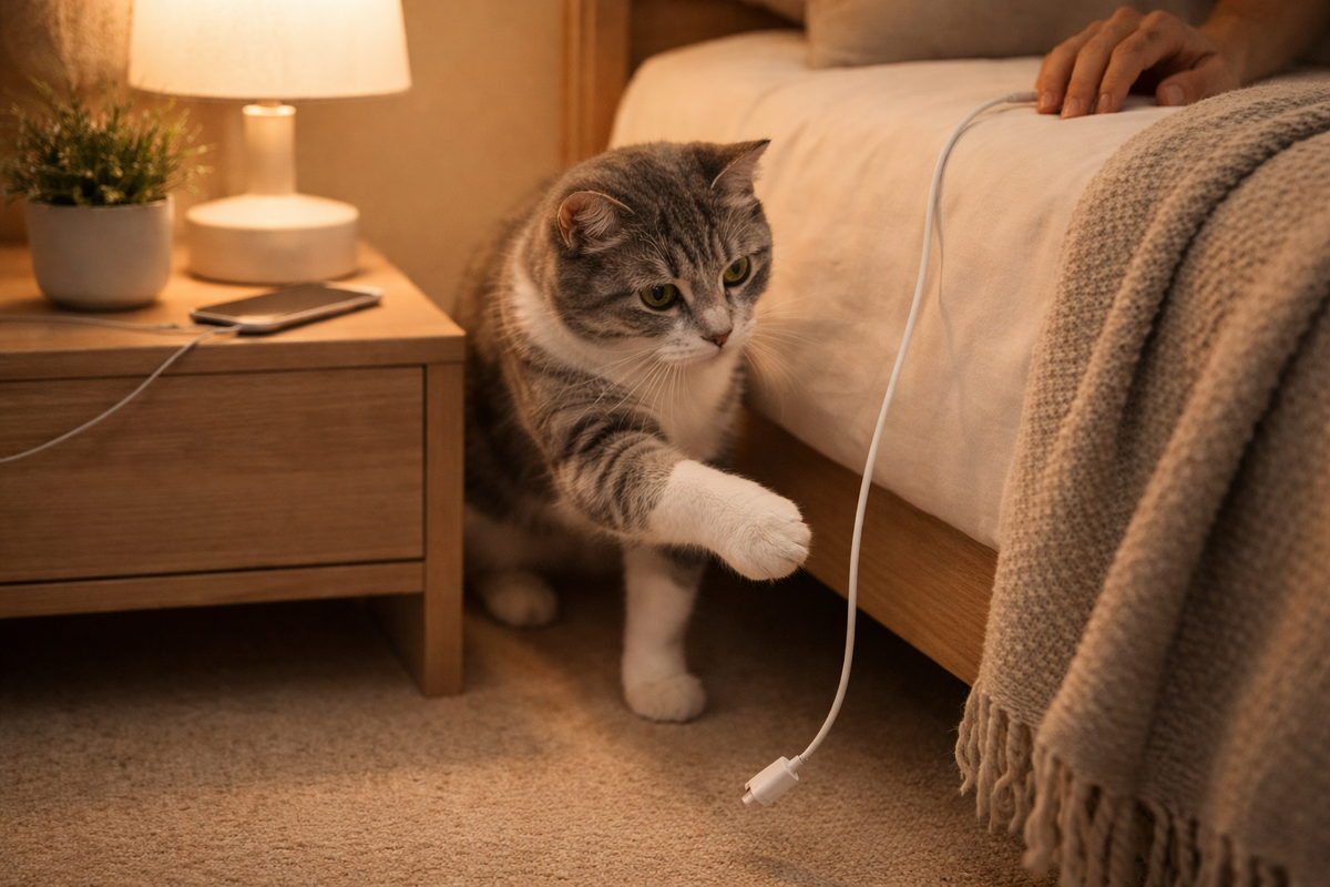 Свисающий хвост зарядки у кровати быстро превращается в игрушку для кота