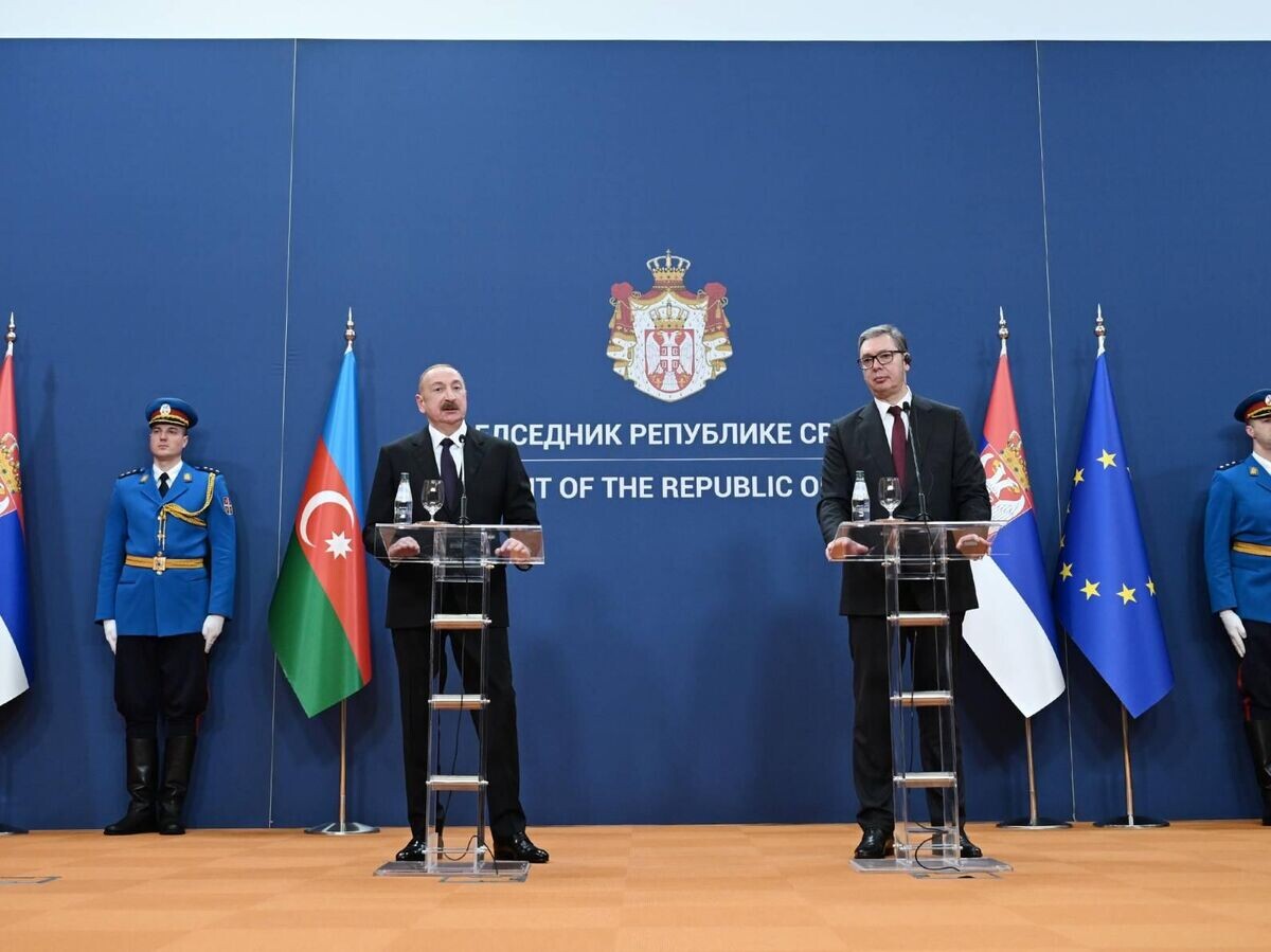    Президент Азербайджана Ильхам Алиев и президент Сербии Александр Вучич во время совместной пресс-конференции в Белграде | © Фото : Официальный сайт Президента Азербайджанской Республики