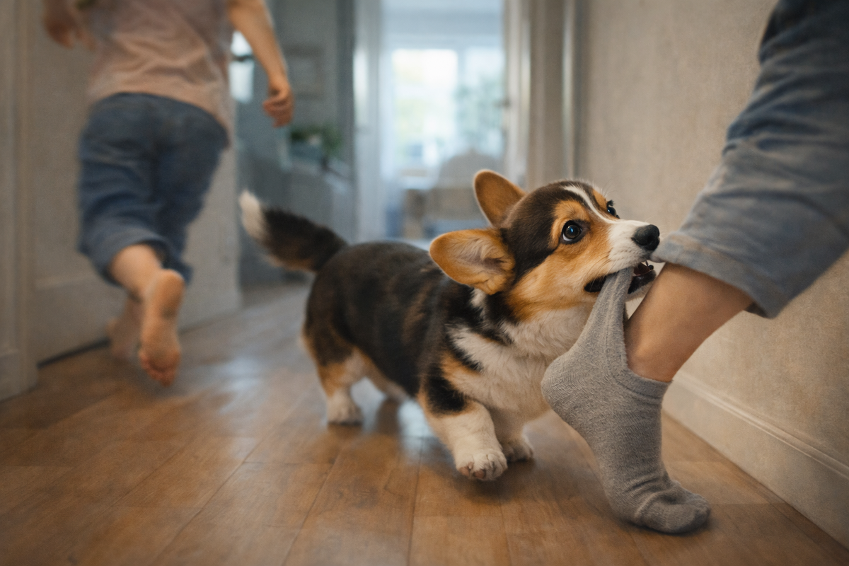 Когда игра разгоняется: корги может включить пастушьи привычки у детских ног