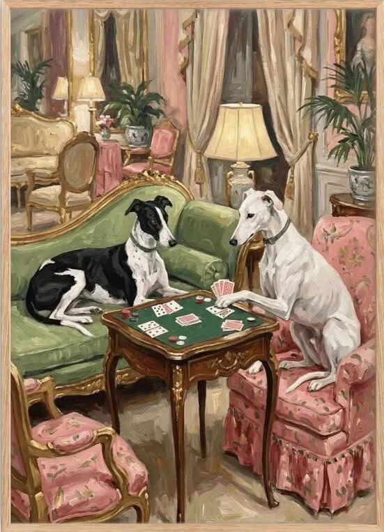 Так, по мнению художника, развлекаются борзые, когда остаются дома одни. Не исключено!